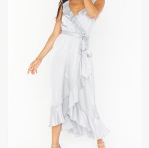 Show Me Your Mumu-Mumu Weddings Samantha Ruffle Wrap Dress Silver Luxe Satin Lg